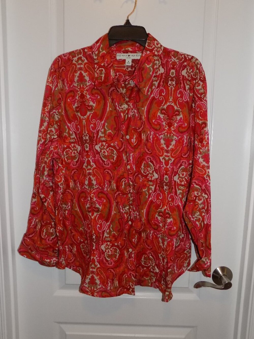 TOMMY HILFIGER Womens Plus 18 1X Red Orange Tan Lightweight Shirt Paisley